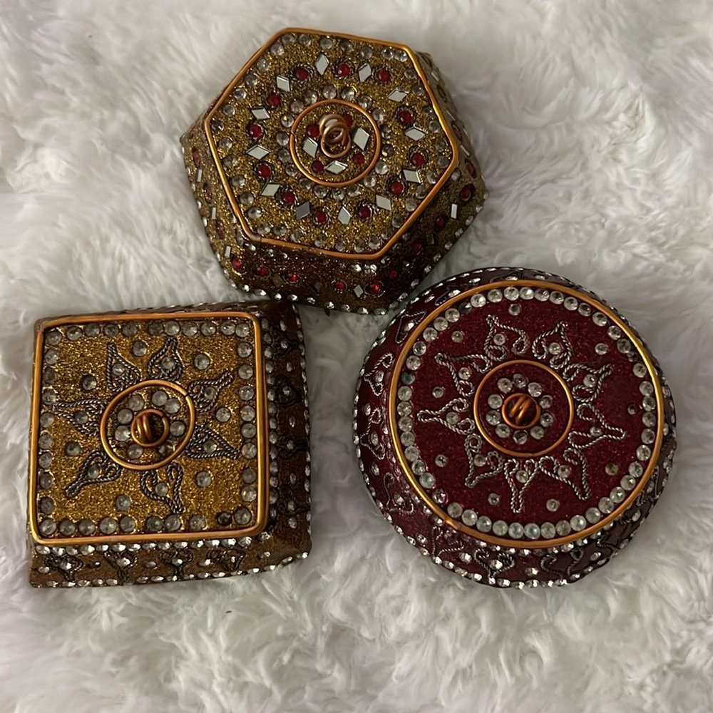 Set of 3 Decorative Indian Trinket Boxes Jeweled Boho Jewelry Storage Decor